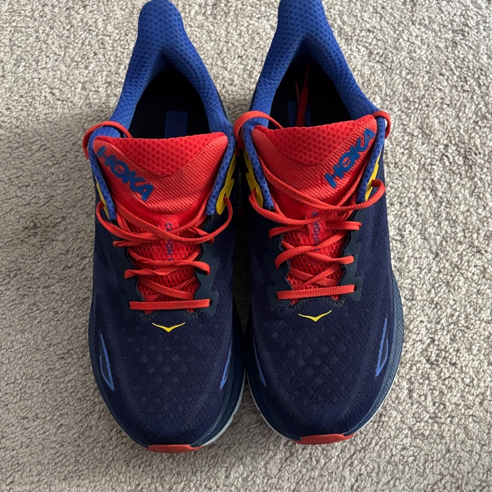 Hoka Men's Clifton 9 Navy and Red Athletic Shoes